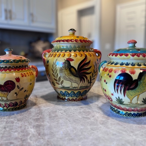 Horchow Other - ⬇️💰⬇️Vintage Set of 3 Horchow Hand Painted Tuscan Rooster-inspired Canisters